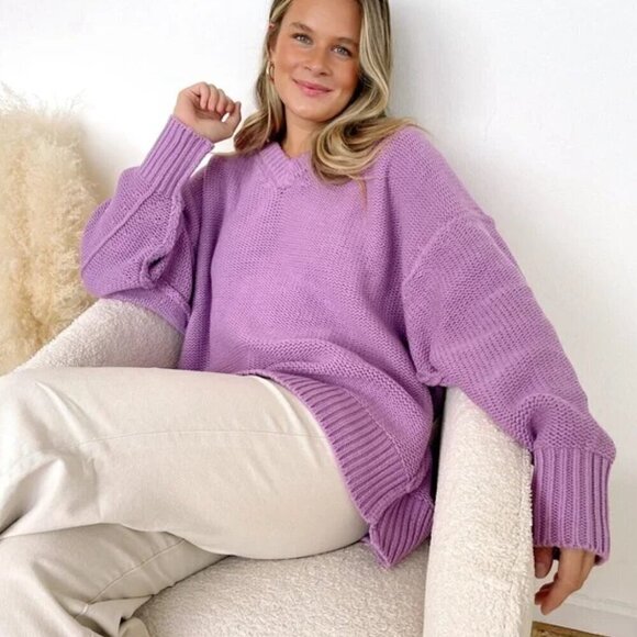 FREE PEOPLE Alli V-neck Sweater in Iris Orchid Size Medium - Picture 3 of 9